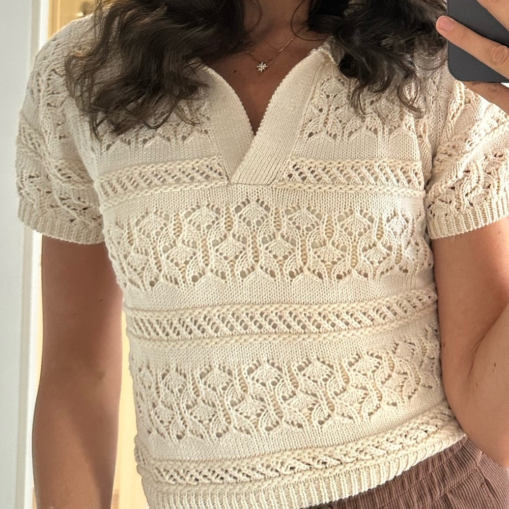 Saks Crochet Pointelle Knit Short Sleeve Sweater Crop Top Polo Shirt Cream White